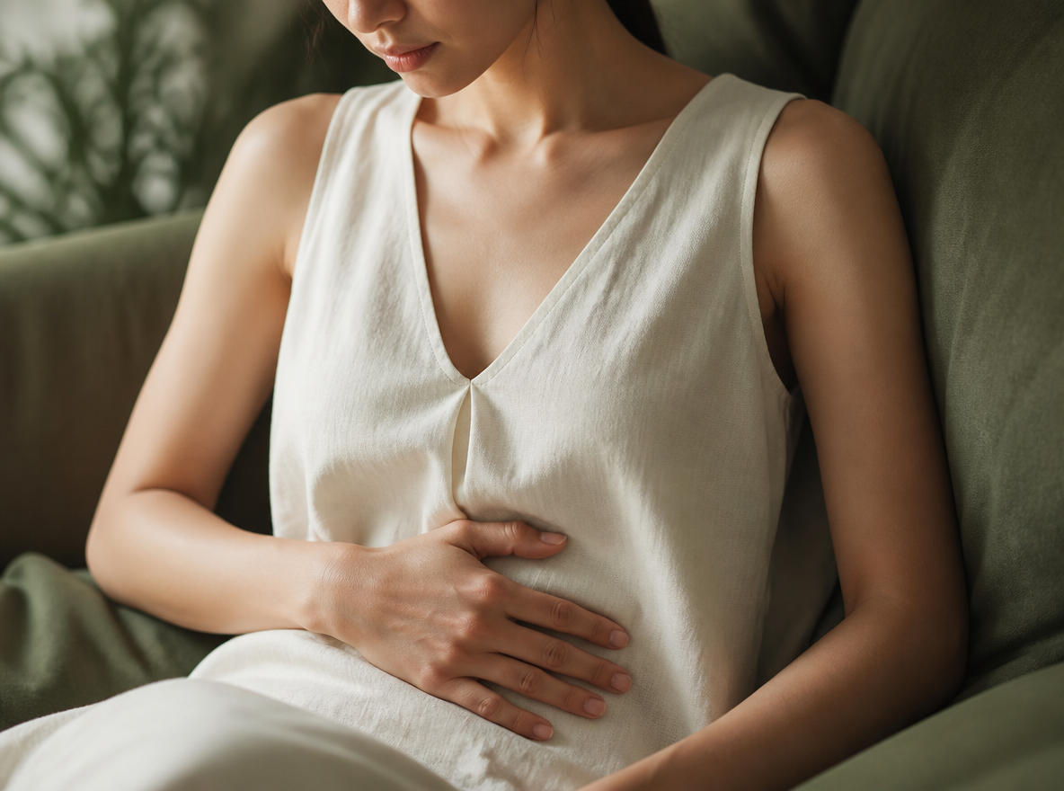 Young Asian woman resting hands on her bloated stomach, feeling uncomfortable